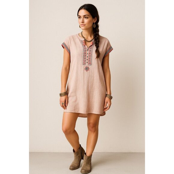 Johnny Was Peasant Embroidered Stripe Linen Tunic Dress 2X Boho Coastal Cottage - Picture 1 of 13